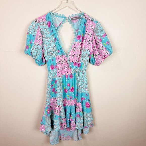 Blue B Floral Open Back Puffy Sleeve Cowgirl Western Dress Pink Size Large - Picture 1 of 8